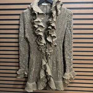 Ruffled Knit Cardigan Sweater - Tan